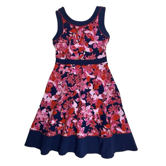 Lands End Dress Ponte Knit Sleeveless Red Pink Navy Floral Print Fit Flare 8 - Picture 1 of 12